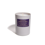 Egyptian Jasmine and Amber candle with purple label and grey vessel.